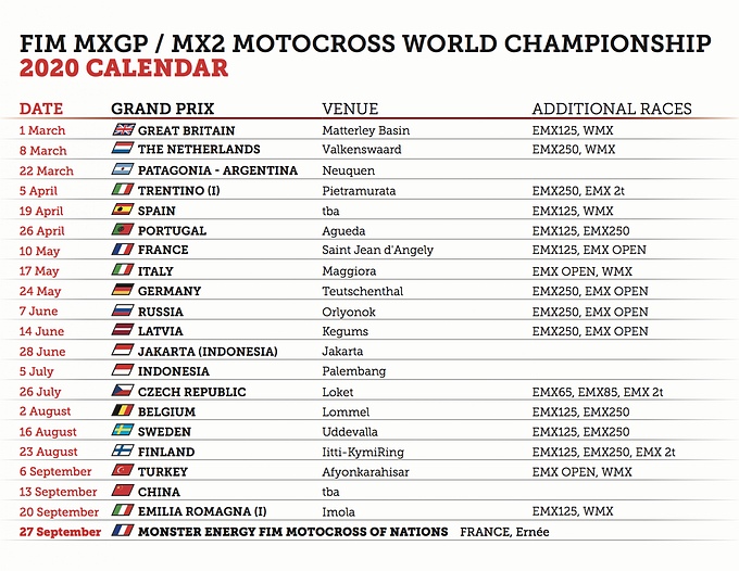 Officiële MXGP kalender 2020 bekend